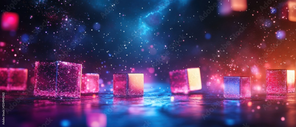 Poster abstract glowing cubes with sparkling particles floating in a cosmic space with nebula and stars, co