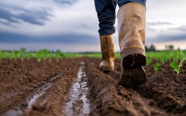 Farmer walking through freshly plowed field with rain-soaked soil and sprouting crops under cloudy sky
