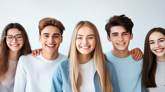 A group of young students, boys and girls from different backgrounds and ethnic cultures, happily pose for a photo, demonstrating friendship and teamwork, embodying the spirit of academic cooperation 