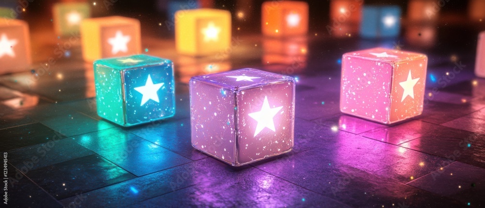 Poster glowing star cubes with colorful light on a reflective surface, creating a magical and festive atmos
