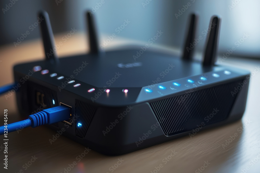 Poster close-up of a sleek black router with glowing status leds and a blue ethernet cable connected in a m