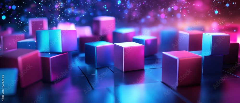 Poster abstract 3d rendering of metallic cubes in pink and blue with bokeh lights, creating a futuristic an