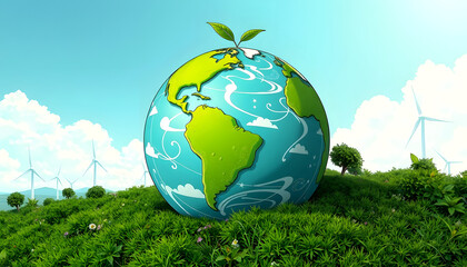 Green sustainable earth globe. Renewable energy transition concept, comic art, with white tones
