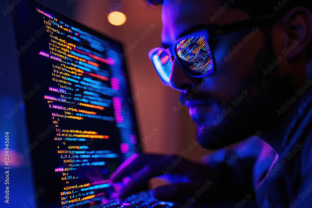 Poster close-up of a software developer coding on a laptop with reflections of vibrant code on glasses in a