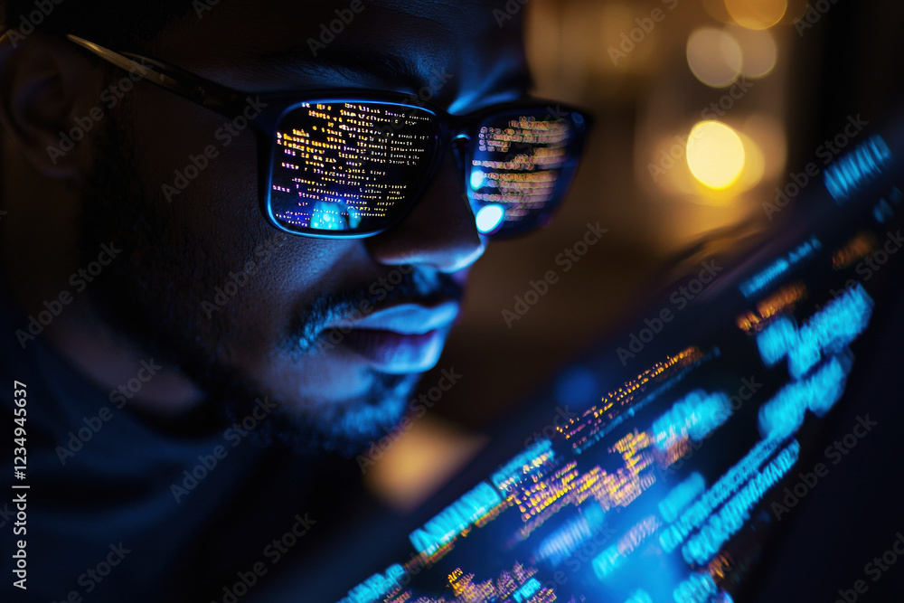 Poster software developer typing code on a sleek laptop with glowing reflections on glasses at night time