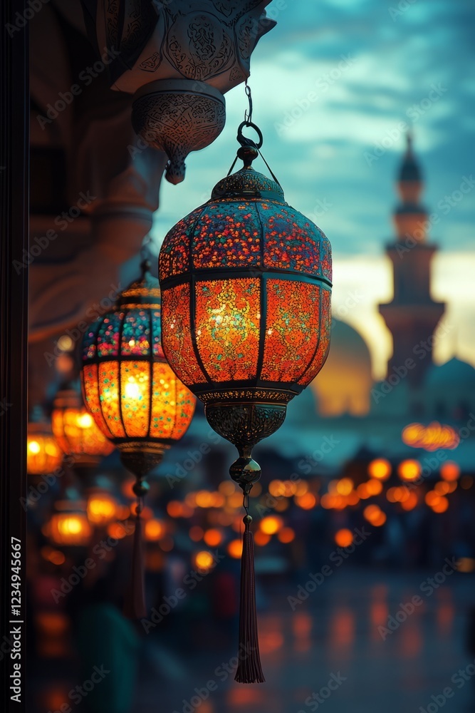 Poster intricate lanterns glow warmly against a softly blurred backdrop of a bustling nighttime market and 