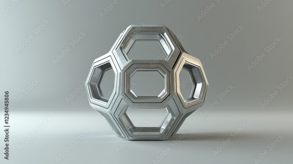 Aufkleber unique geometric sculpture displayed on a minimalist gray background during a contemporary art exhib