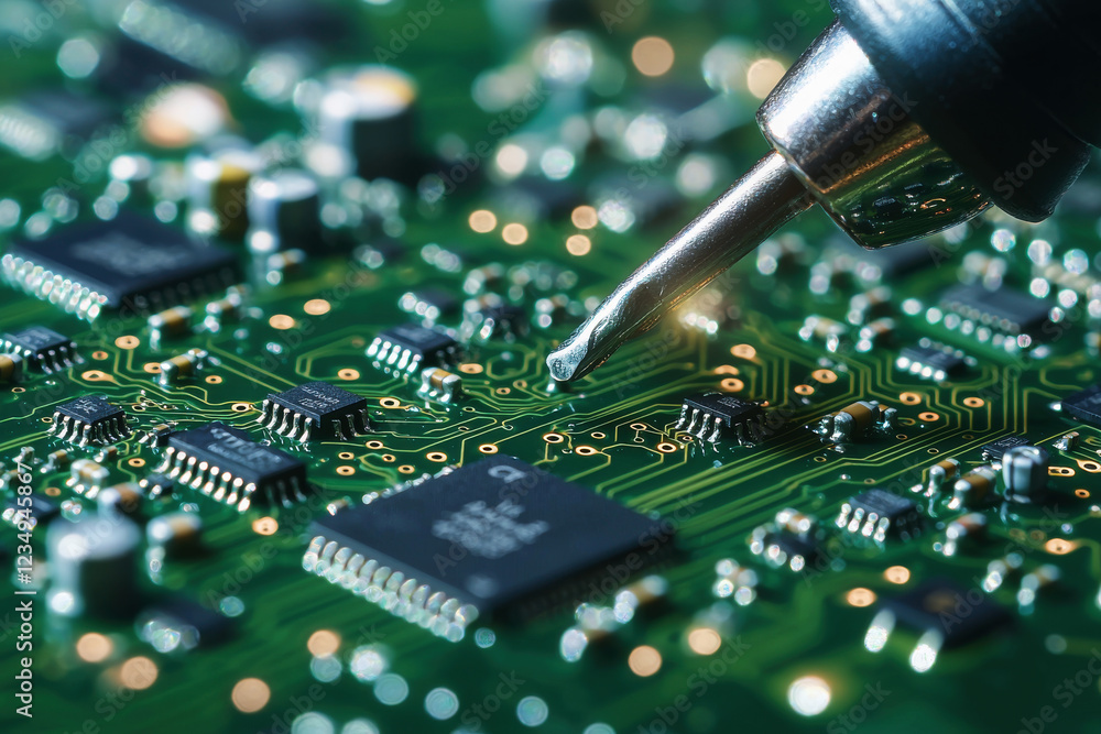 Poster close-up of a soldering iron tip preparing to connect components on a green circuit board with detai