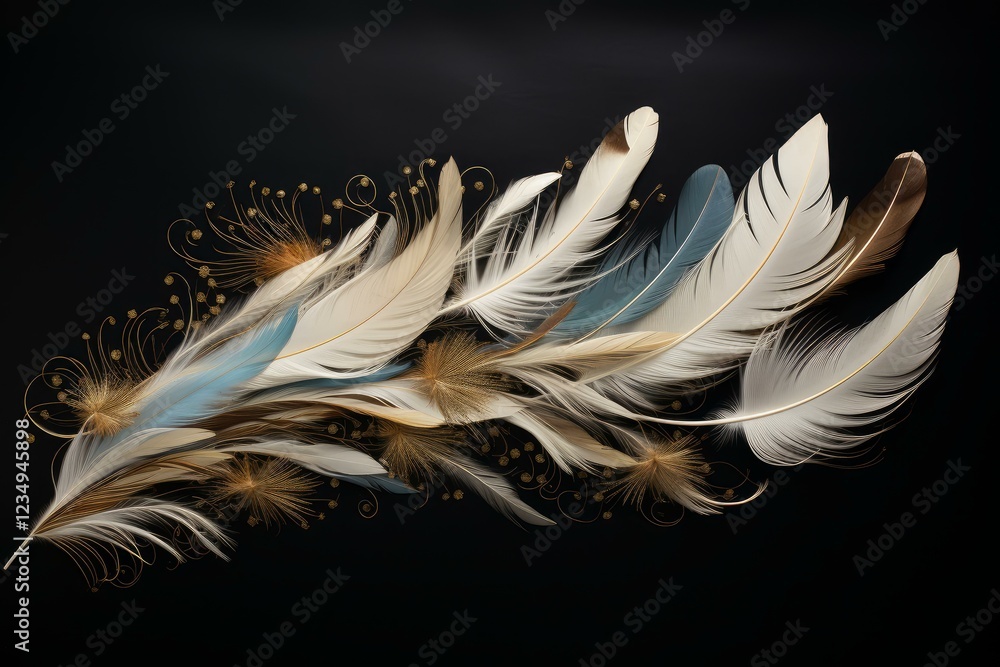 Poster soft feathers in pastel colors combined with golden decorations create a delicate and luxurious desi
