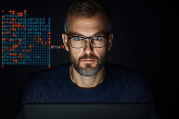 focused man with glasses works on laptop in dark room, illuminated by screen displaying data