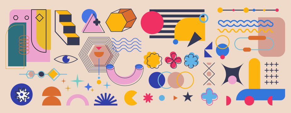 Pattern element design. Abstract geometric forms. Graphic line shapes. Modern retro geometry. Minimalist style decor. Trendy logo texture. Simple figures composition. Vector Memphis art background