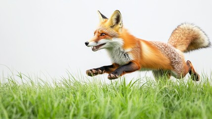 Energetic Red Fox Leaping Through Vibrant Green Grass Landscape
