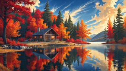 Fototapeta premium A tranquil lake rests in heart of autumn’s embrace, its still waters perfectly mirroring the golden hues of the season. Along the shoreline, a cozy house stands quietly, surrounded by towering trees.