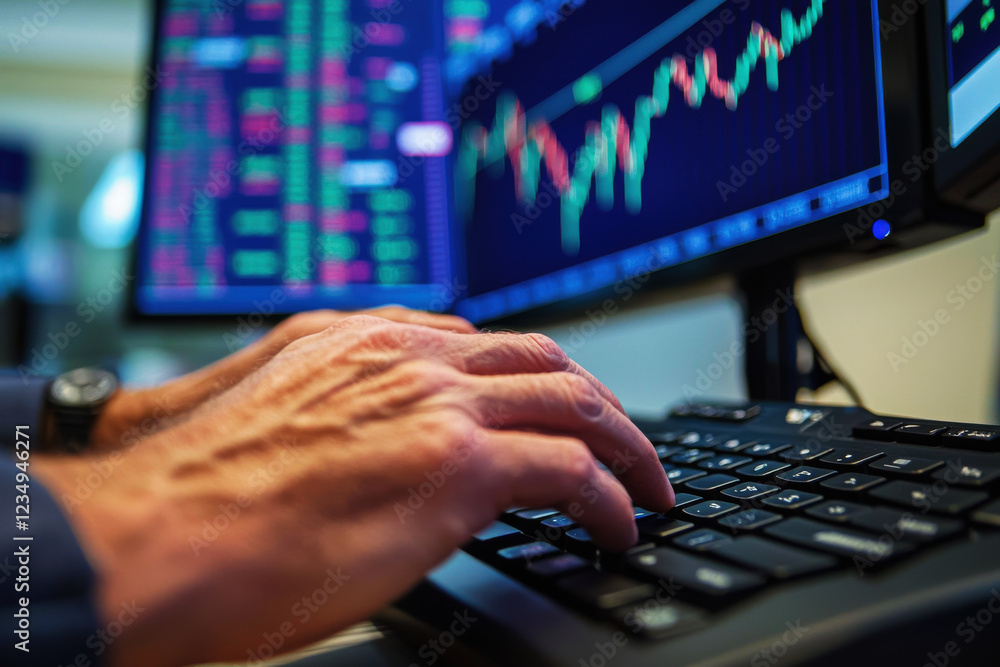 Poster stockbroker engages in dynamic trading activity with hands on keyboard as stock charts display marke