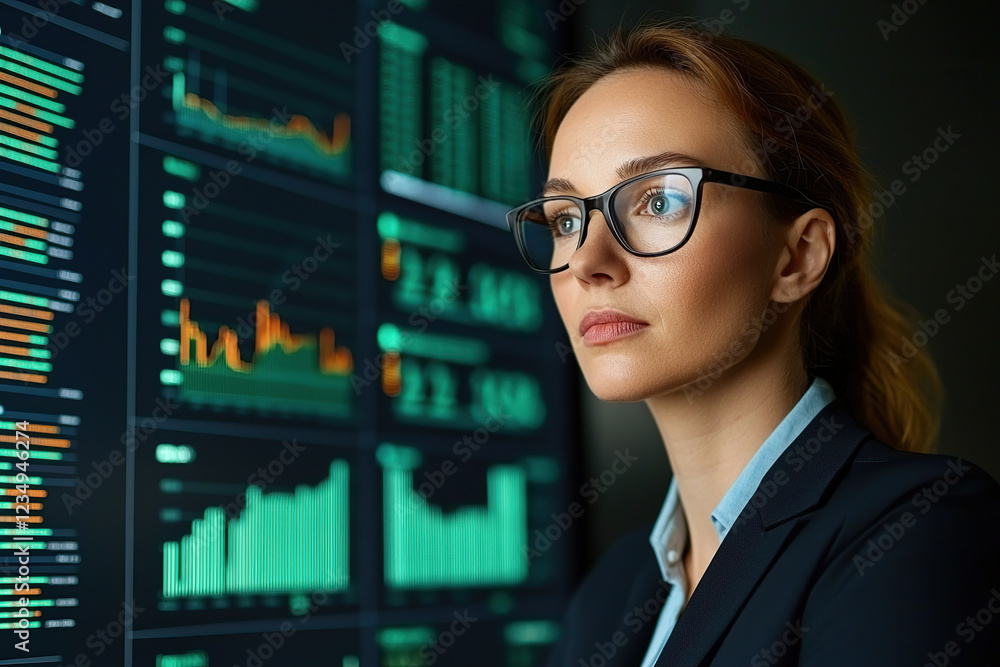 Poster focused professional analyzing data on high resolution display, showcasing content marketing kpis an
