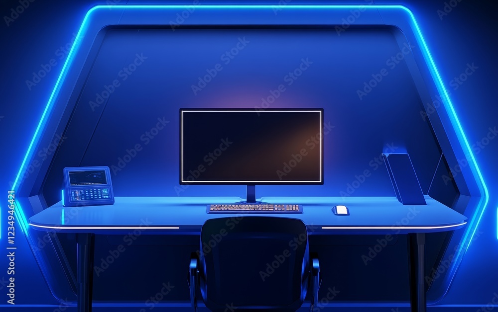 Poster futuristic workspace with a glowing blue ambiance, featuring a sleek computer setup and minimalist d