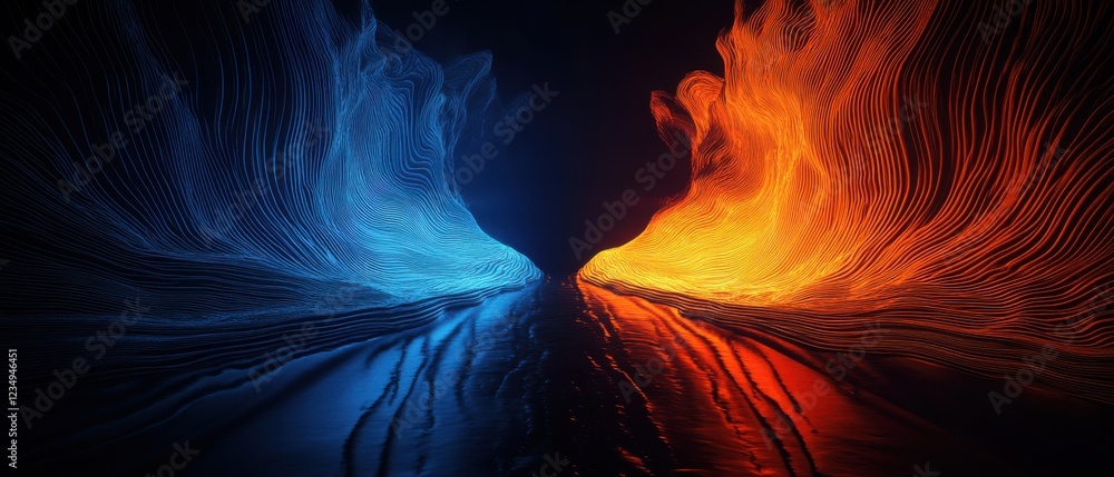 Poster abstract flowing lines of blue and orange energy creating a dynamic contrast, representing duality, 