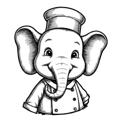 Obraz premium Smiling Elephant Humanoid Chef Wearing Costume Detailed Black and White Outline Line Art Drawing
