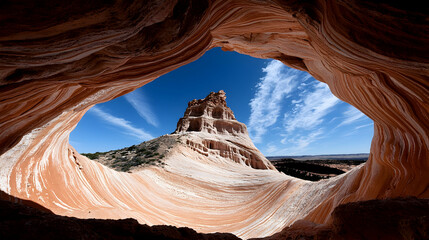 Sandstone cave framing desert butte, blue sky