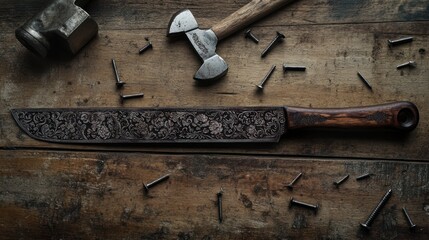 Etched blade, hammer, axe, nails, workshop, rustic wood, craft