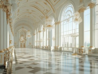 A spacious, elegant room with large arched windows, bathed in light. The vintage style features ornate chandeliers and a classic, airy atmosphere.