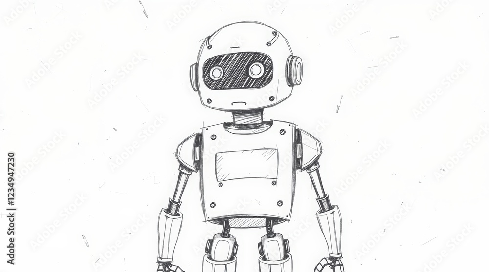 Poster a charming robot character sketch, standing with a blank chest panel ready for customization. ideal 