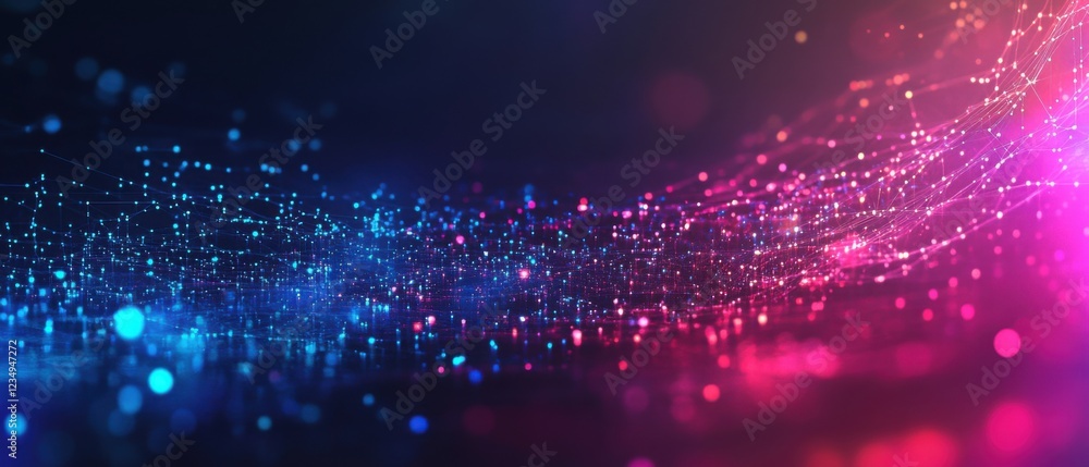 Poster abstract network of glowing blue and pink particles connected by lines, creating a futuristic digita