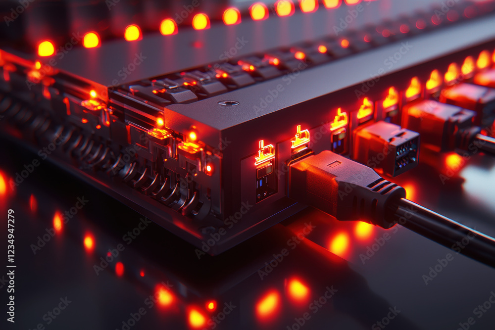 Poster close-up view of an ethernet switch showcasing connected cables and illuminated indicator leds in a 
