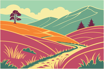 Colorful abstract landscape, Layered mountains, Vibrant paper cutout style, Collage art, Geometric shapes, Organic forms, Teal sky, Golden hills, Orange and pink terrain, Green grass texture, Surreal 