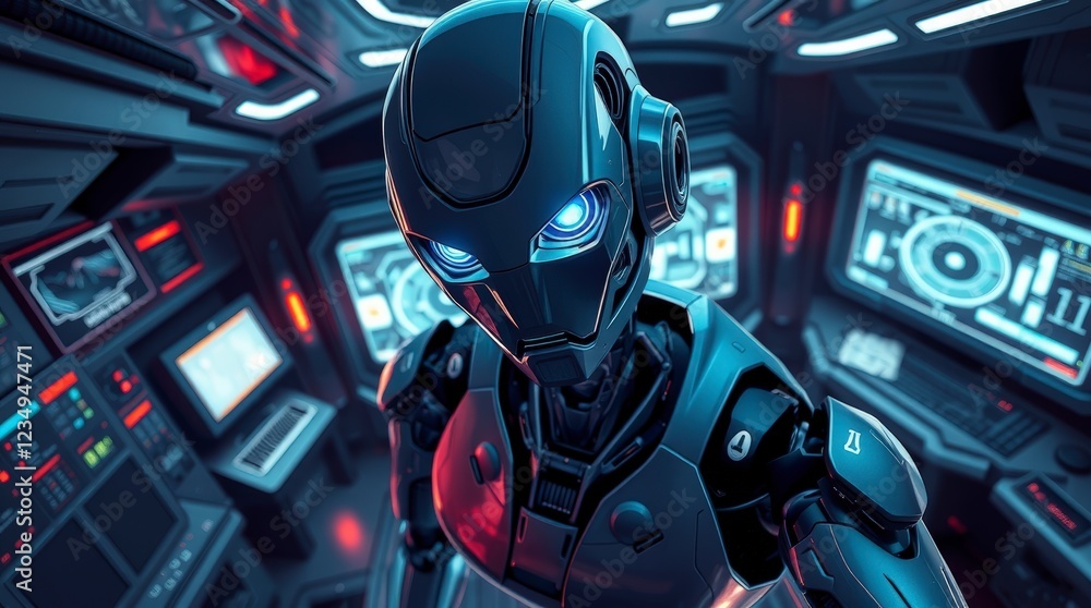 Poster futuristic robot in a high-tech control room, surrounded by glowing monitors and advanced technology
