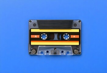 Obraz premium Audio cassette tape isolated on blue background, Vintage retro gadgets