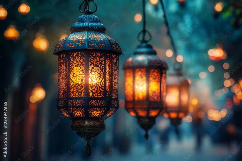 Poster glowing lanterns illuminate a night scene, creating a warm and inviting atmosphere. the bokeh effect