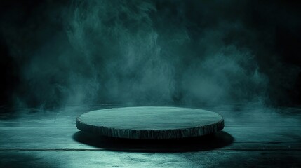 Dark wooden platform, smoky backdrop, studio product display