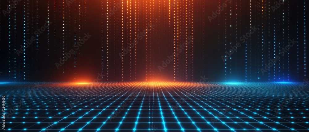 Poster abstract digital data stream with glowing blue and orange light particles on a grid floor, represent