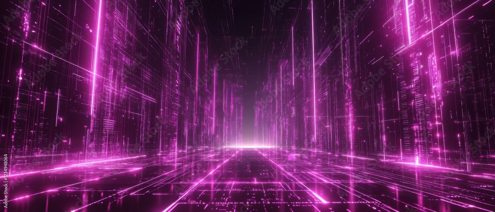 Aufkleber abstract futuristic pink digital data stream with glowing lines and grid, concept of technology, cyb