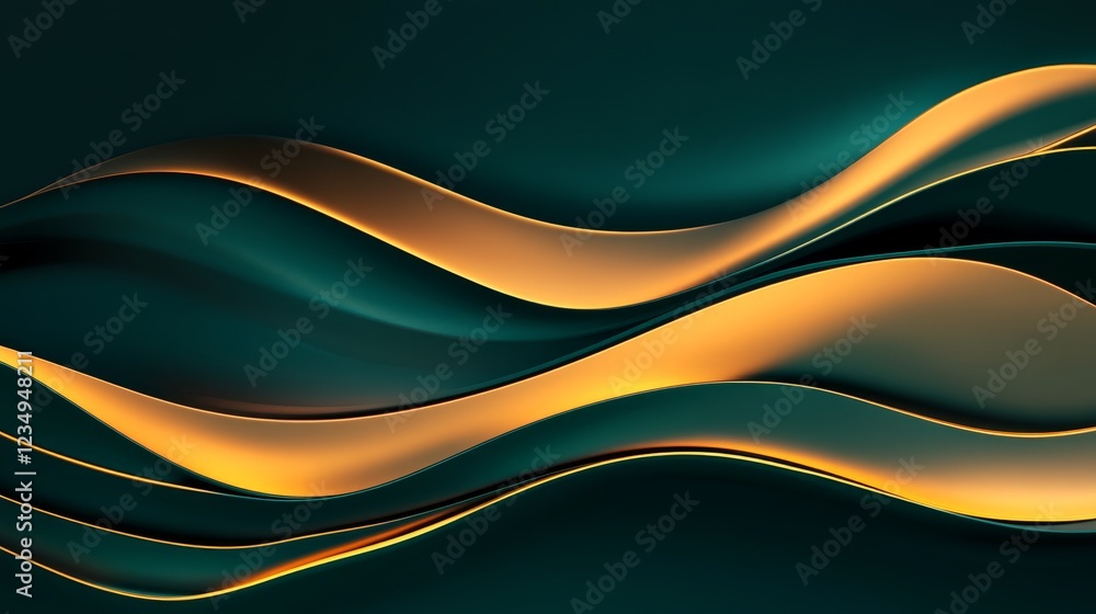 Poster abstract waves of gold and teal flowing gracefully, creating a sense of movement and depth