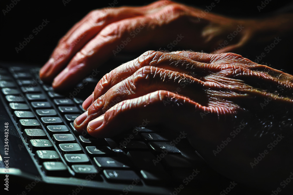 Poster close-up view of hands engaged in typing on a keyboard with soft lighting emphasizing details and te