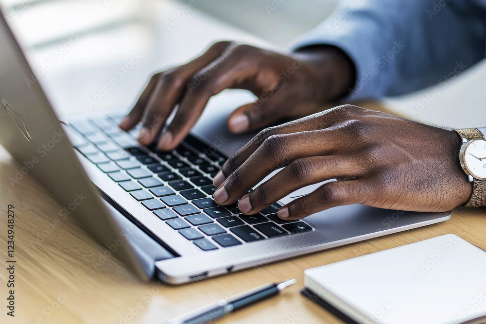 Poster Hands engaged in typing on a sleek laptop with a pen and notebook in a minimalistic workspace
