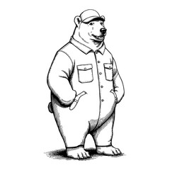Smiling Polar Bear Humanoid Wearing Costume in Black and White Outline Line Art Drawing