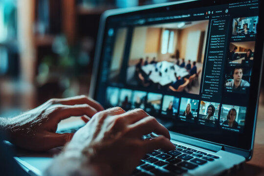 Close-up of hands typing during an online class with blurred virtual classroom on screen showing engaged participants