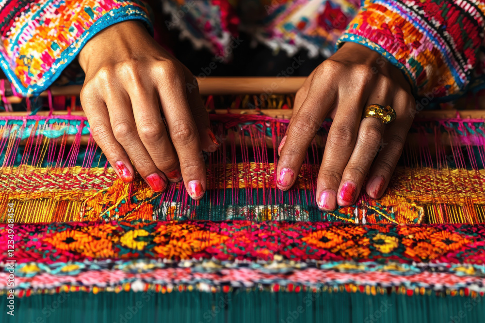 Aufkleber hands skillfully weave bright patterns on a traditional loom surrounded by colorful threads
