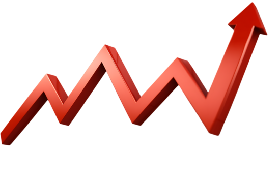 3D rendered red arrow pointing up, symbolizing growth, success, and progress.