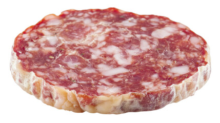Obraz premium Single slice of salami showing marbling and texture on transparent background