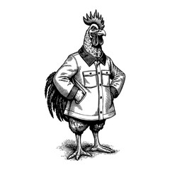Obraz premium Rooster Standing with Hands on Hips in Black and White Outline Line Art Drawing