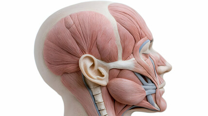 Obraz premium Human head anatomy model, profile view, detailed muscles, white background, medical education