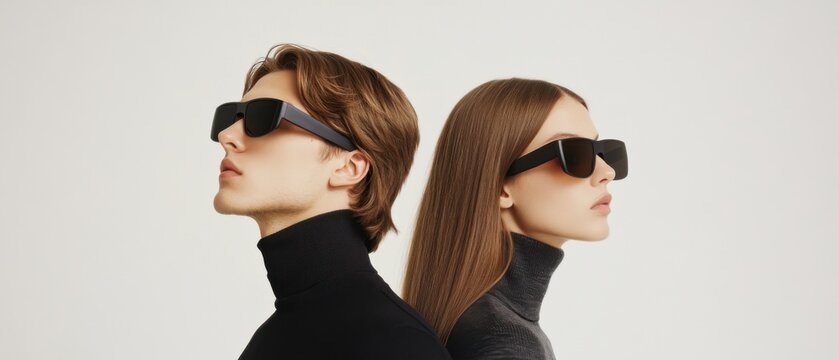 Young adult Caucasian man and woman wearing futuristic black sunglasses standing back to back in studio Concept of fashion, technology, and modern style