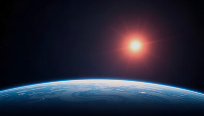 Fototapeta premium Sunrise over earth as seen from space. With stars background. 3d rendering, flat design, with white tones