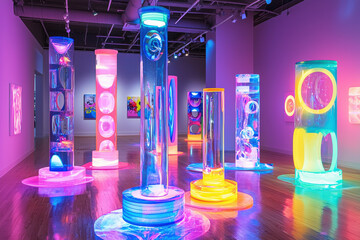 Dynamic kinetic sculptures create a vibrant display of glowing colors in contemporary art gallery