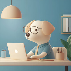 a cute dog working at a desk