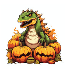 Naklejka premium A close up of a cartoon dinosaur with a pumpkin in its mouth generative ai 